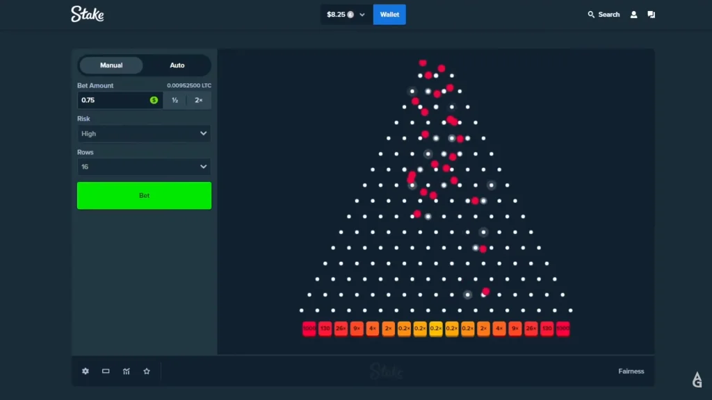 Plinko board on Stake with high risk and 16 rows showing multiple ball drop paths.